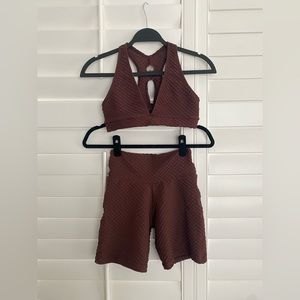 Booty by Brabants Croco Skin Bike Shorts & Deep V Sports Bra Top, Mahogany Brown